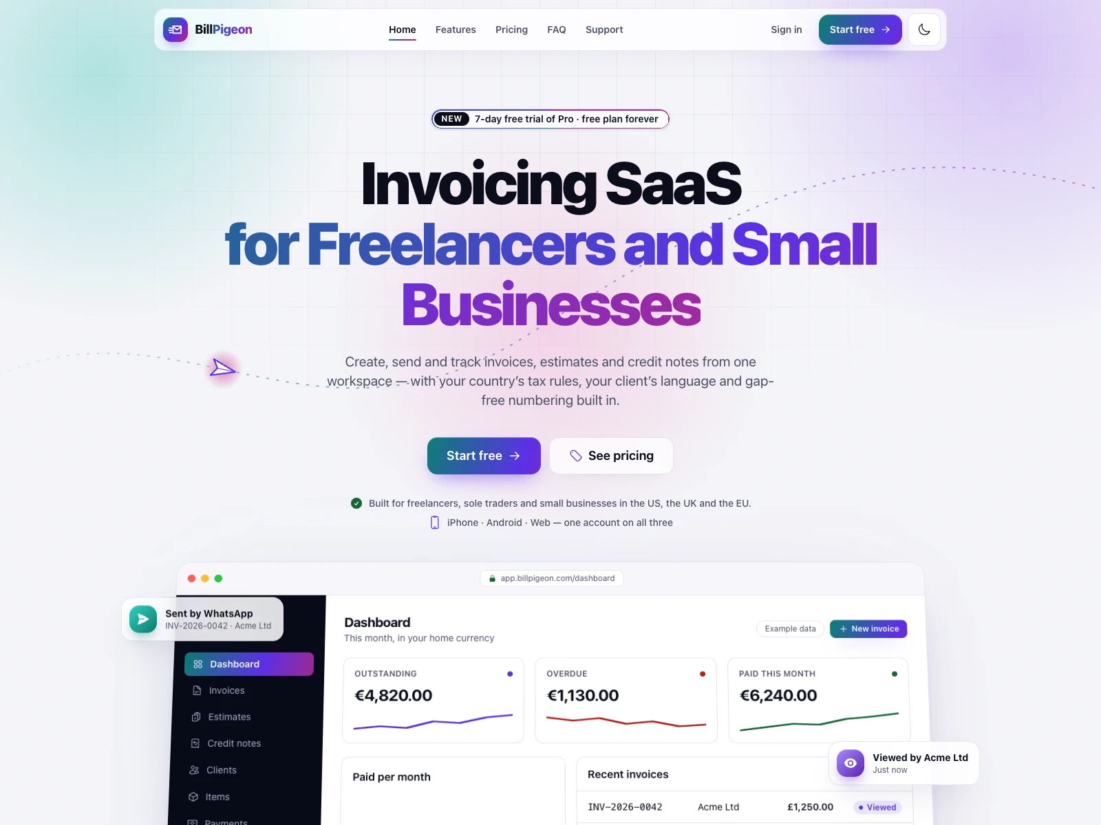 BillPigeon: Web and Mobile App — Create, send and track invoices, estimates and credit notes, with each country's tax rules, your client's language and gap-free numbering built in.