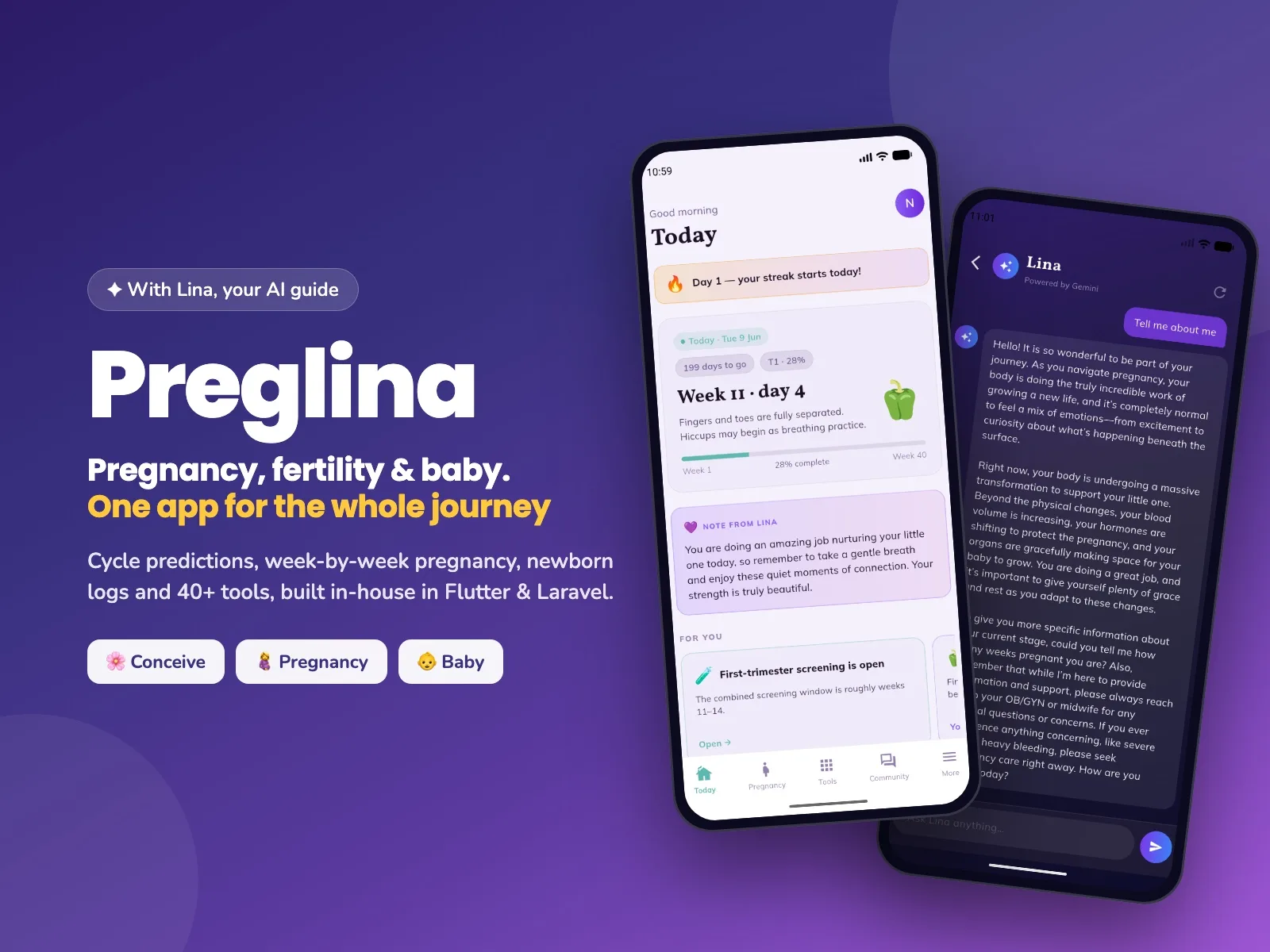 Preglina: Pregnancy Cycle Baby — One Flutter app for trying to conceive, pregnancy and life with a newborn: adaptive cycle predictions, 40+ trackers and Lina, an AI companion.
